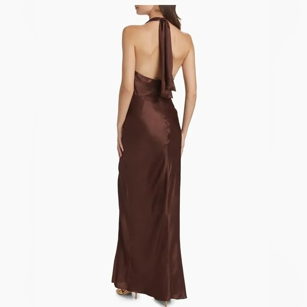 NICHOLAS Galilea High Neck Gold Trim Maxi Dress Espresso 6 - Picture 5 of 16